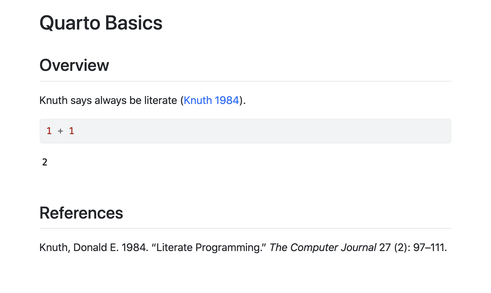 Rendered notebook with references section at the bottom the content of which reads 'Knuth, Donald E. 1984. Literate Programming. The Computer Journal 27 (2): 97-111.'