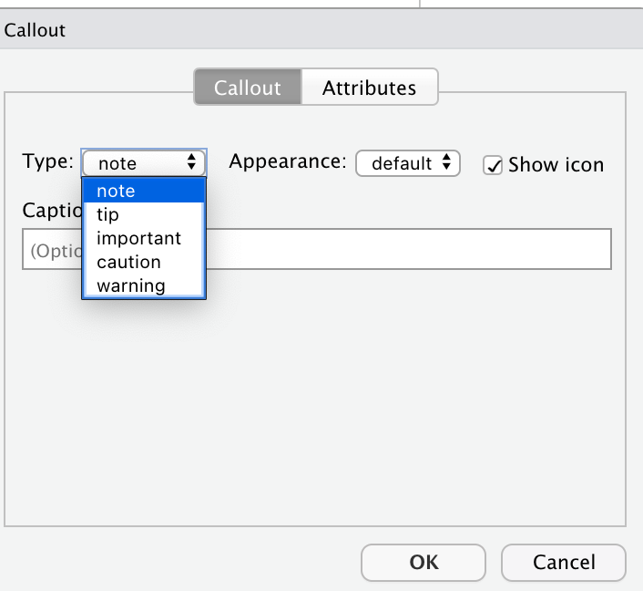 Callout dialogue. Type note is selected with default appearance and show icon box is checked.