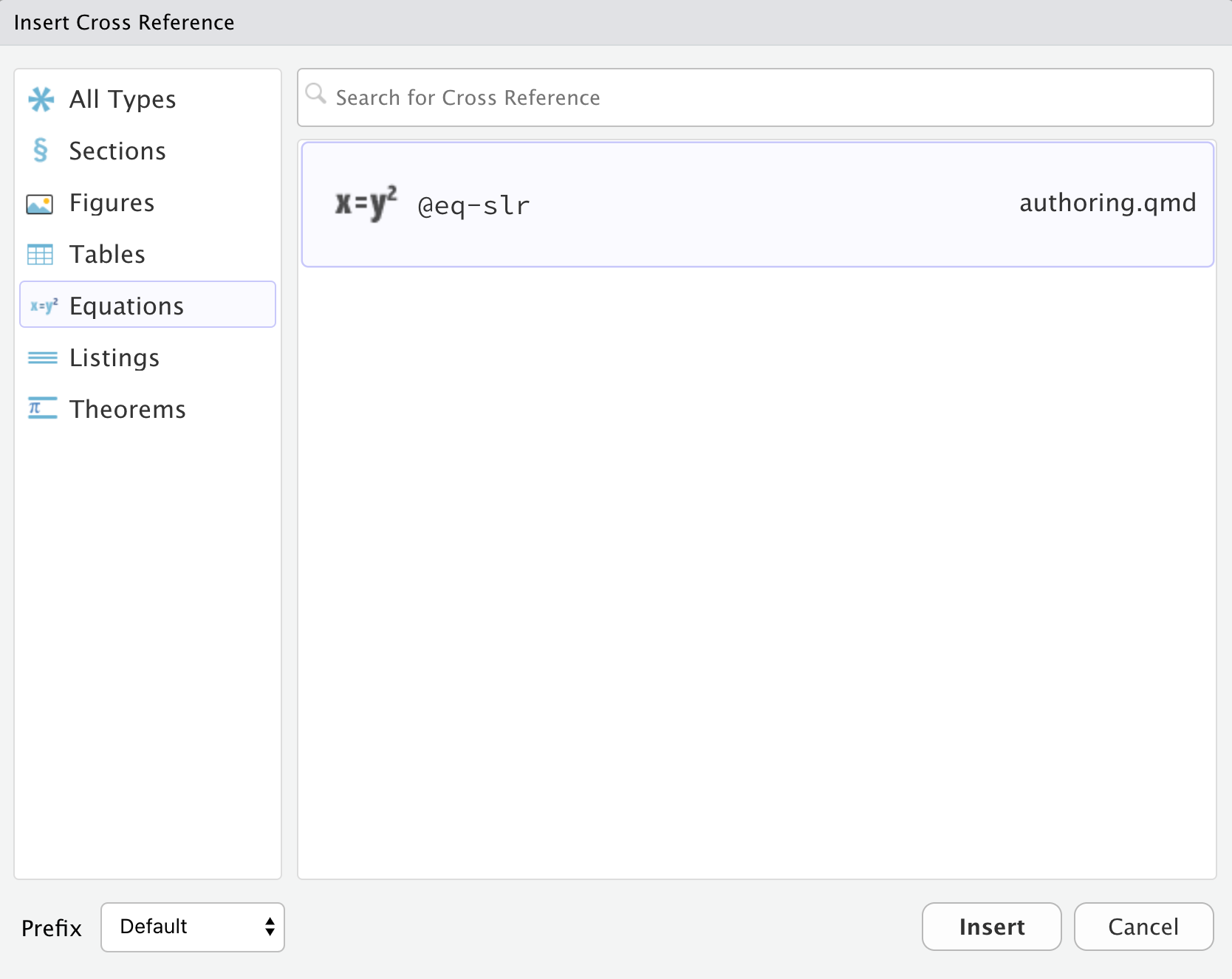 Use the insert cross reference menu, select Equations on the left side, and select an equation to cross reference.