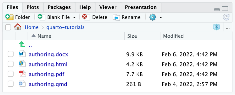 RStudio Files pane, with four document, all titled authoring, but with different suffixes: docx, html, pdf, qmd.