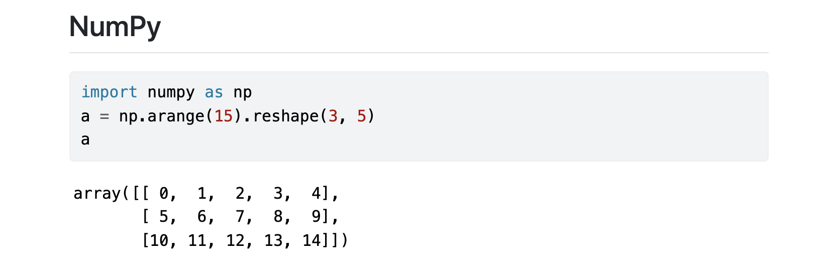 Rendered NumPy section of computations.qmd which shows the code and the resulting array.