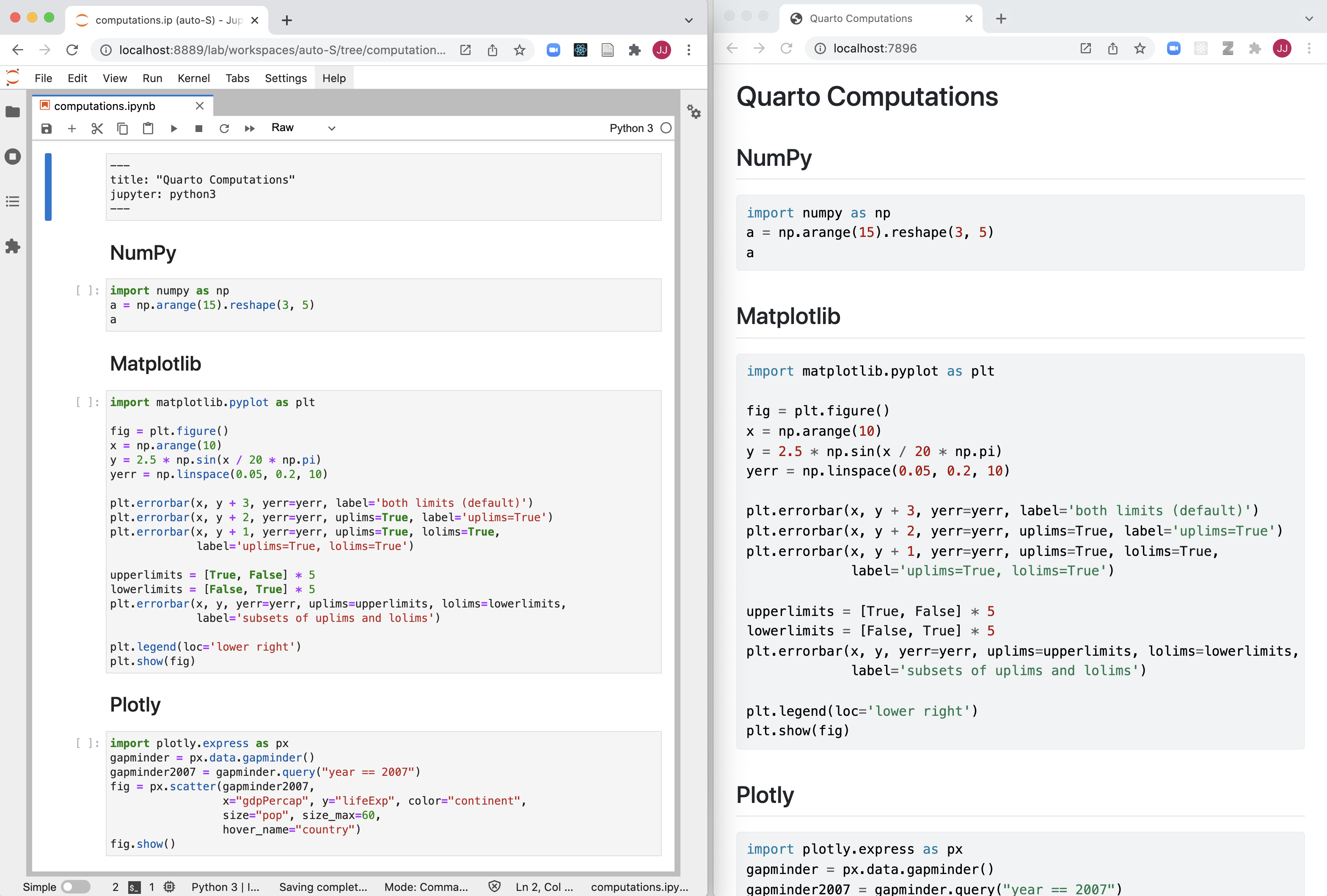 Side-by-side preview of notebook on the left and live preview in the browser on the right.