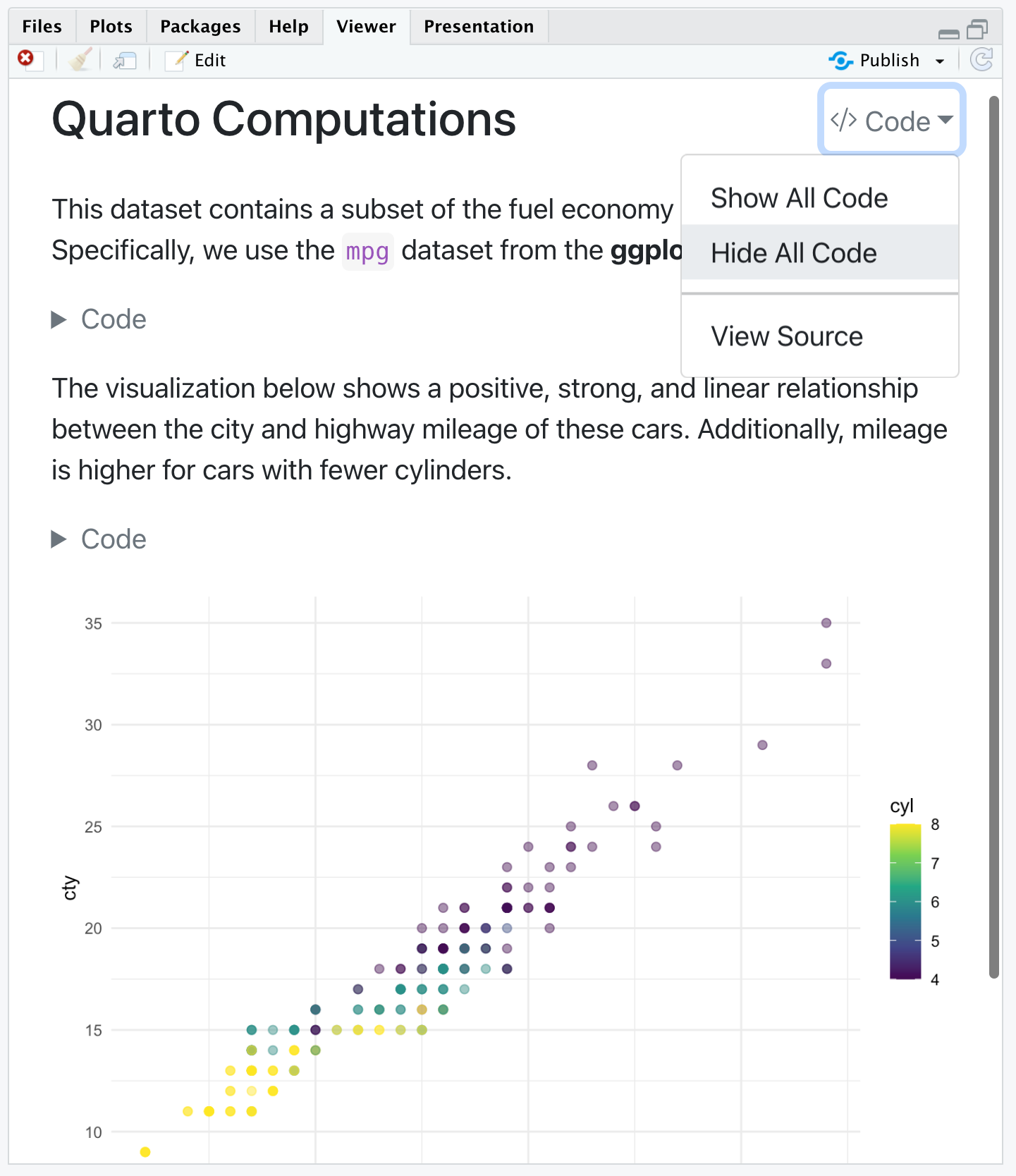 Rendered version of the computations.qmd document. A new code widget appears on top right of the document. The screenshot shows that the widget is clicked on, which reveals a drop down menu with three choices: Show All Code, Hide All Code, and View Source. In the background is the rendered document. The title is followed by some text, which is followed by a Code widget that would expand if clicked on, which is followed by some more text, another code widget, and finally the plot. The Code widgets are folded, so the code is not visible in the rendered document.