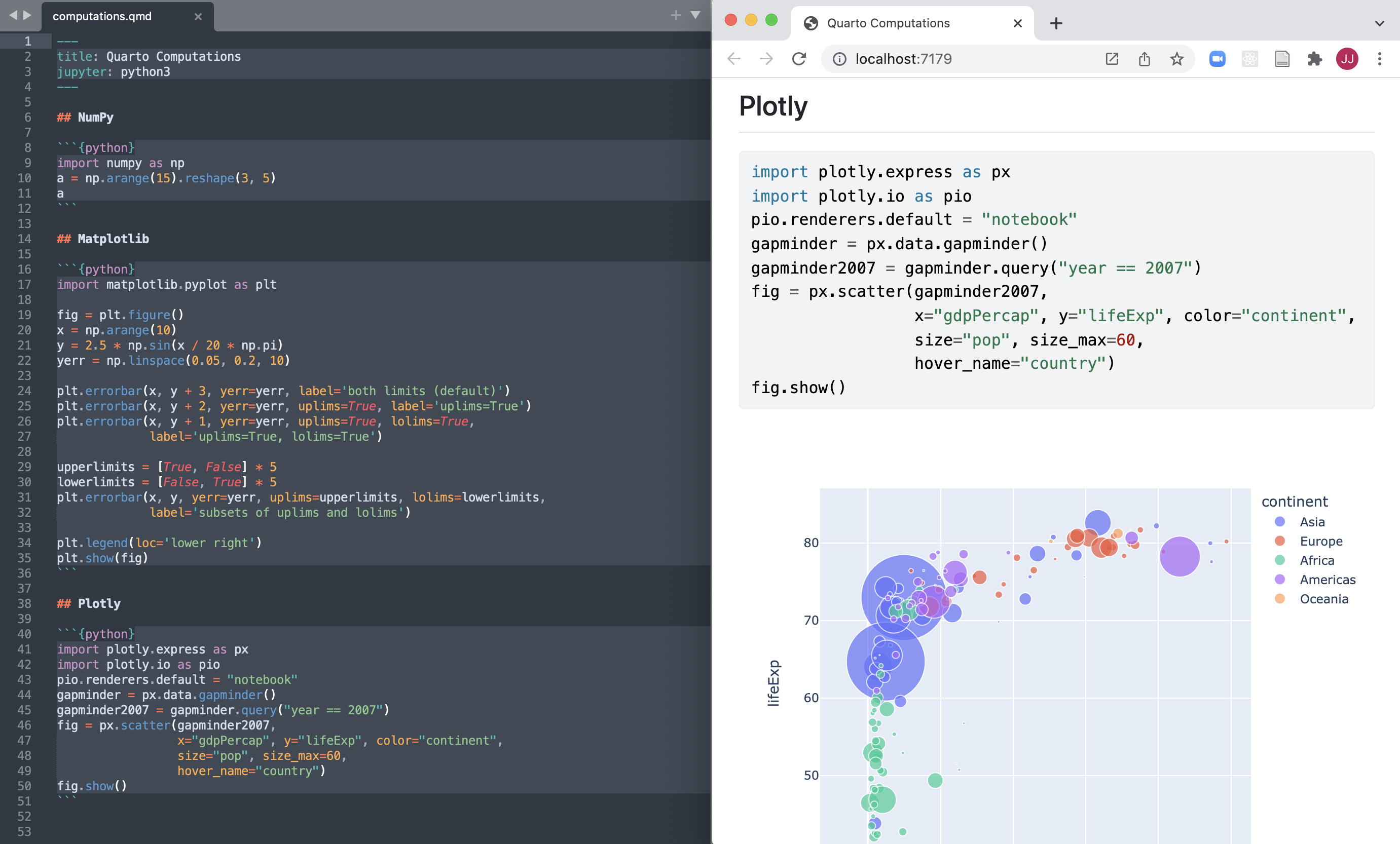 Side-by-side preview of text editor on the left and live preview in the browser on the right.