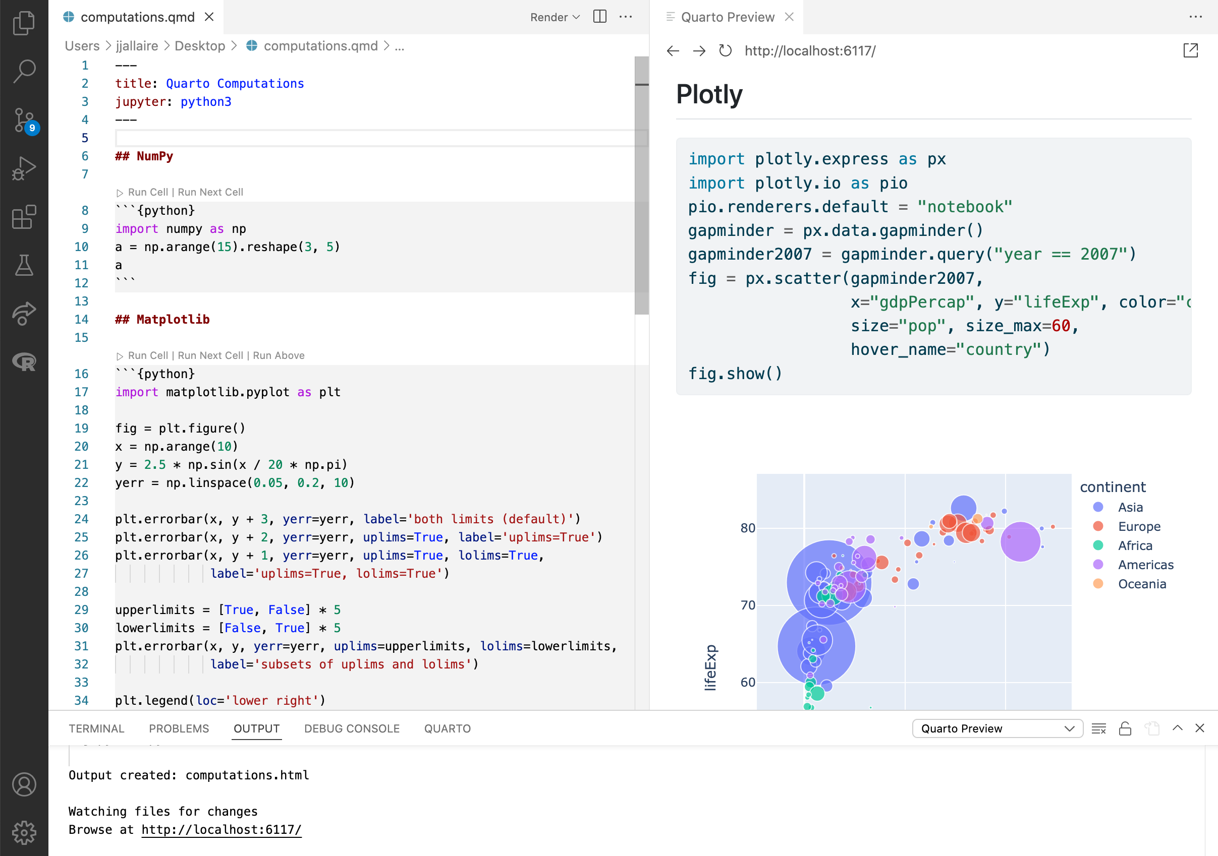 Side-by-side preview of text editor on the left and live preview in the browser on the right.