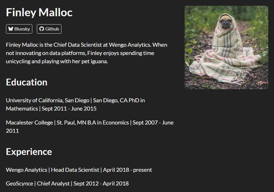 Screenshot of an About page using the solana template. It has the author name, links, and body on the left and a rectangular headshot on the right.